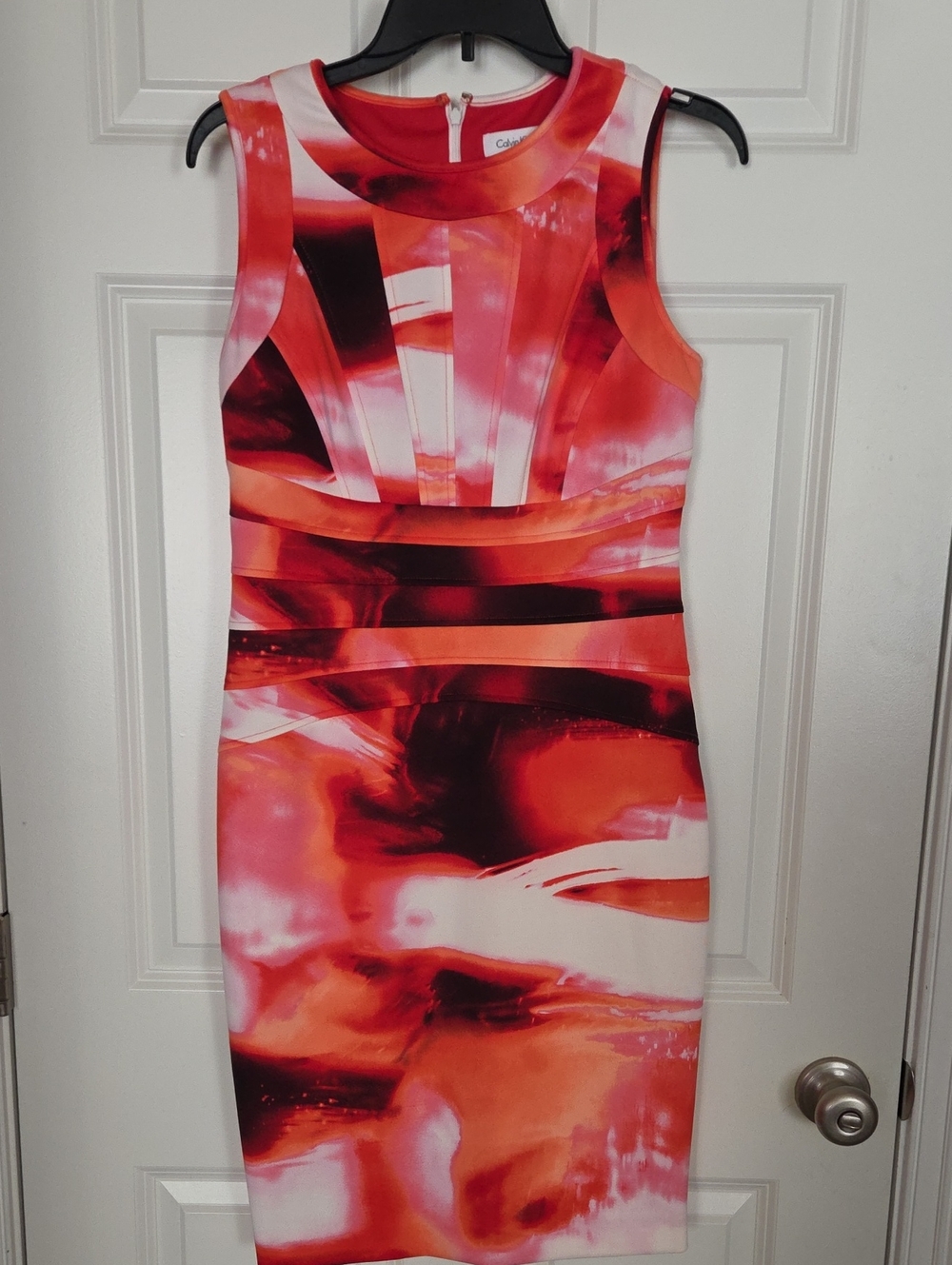 Calvin Klein Red and Coral Abstract Midi Sheath Dress